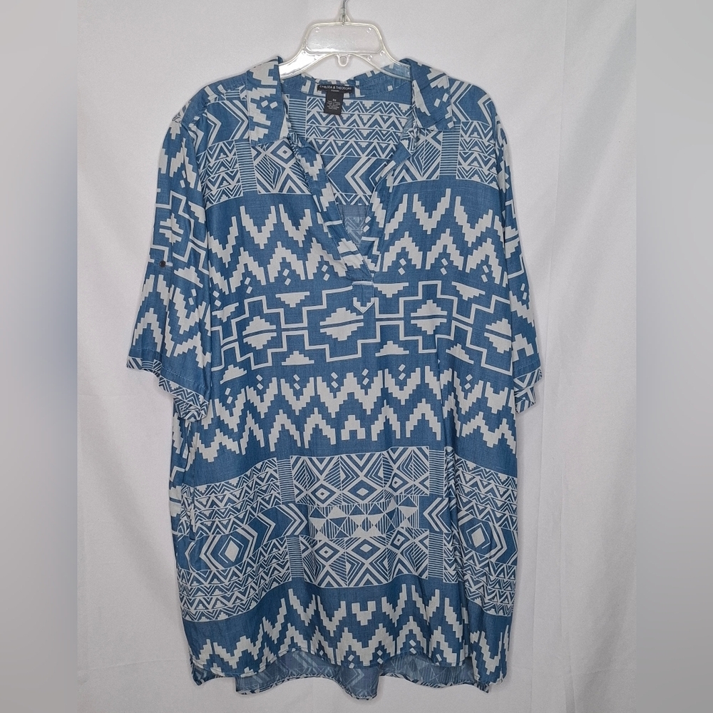 Chelsea & Theodore Women's Chambray Aztec Print Size 3X